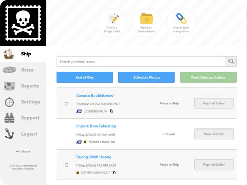 Pirate Ship screenshot: Shipping dashboard with previous labels