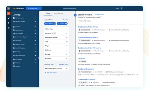 Alation screenshot: Data catalog search with filters