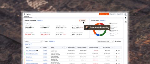 Procore screenshot: Finance home with project financials