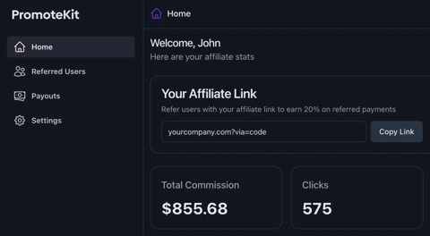 PromoteKit screenshot: Affiliate portal home