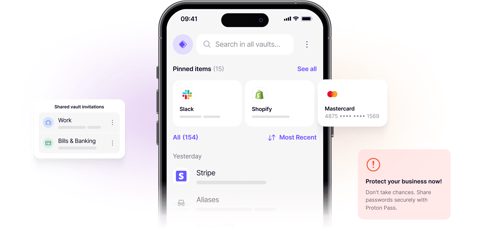Proton Pass screenshot: Mobile vault with pinned items