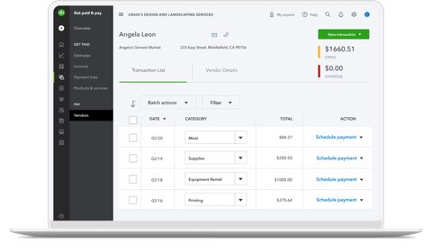 QuickBooks screenshot: Bills list with scheduled payments