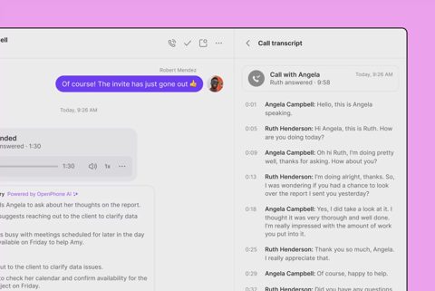 Quo screenshot: Call transcript beside the conversation