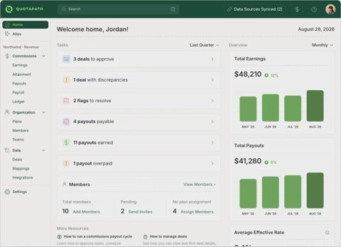 QuotaPath screenshot: Home dashboard with earnings and tasks