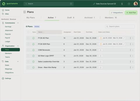 QuotaPath screenshot: Commission plans list