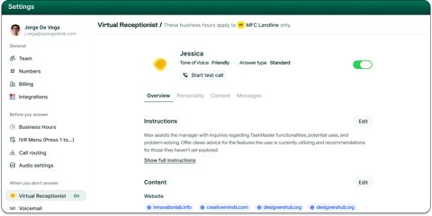 Allo screenshot: AI receptionist settings