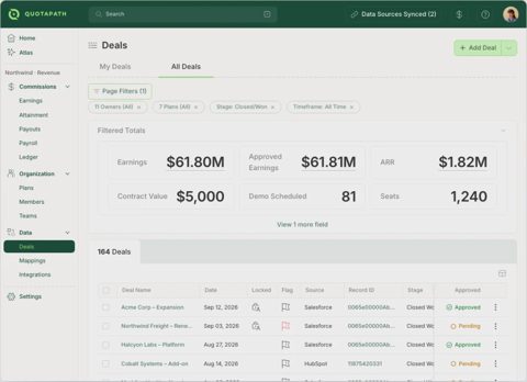 QuotaPath screenshot: Deals table with approval status