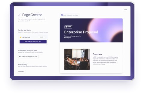 Qwilr screenshot: Page created with share options