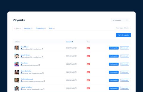 Rewardful screenshot: Payouts queue with mark-as-paid actions
