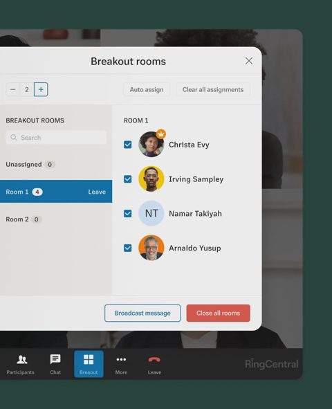 RingCentral screenshot: Breakout rooms assignment panel