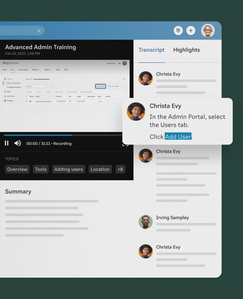 RingCentral screenshot: Recording with transcript and highlights