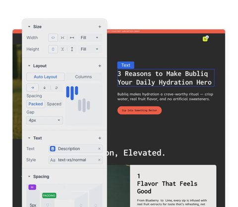 Replo screenshot: Layout and spacing controls