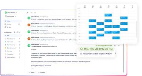 Reply.io screenshot: Inbox with replies and meeting calendar