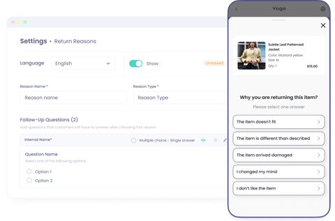 ReturnGO screenshot: Return reasons settings with portal preview