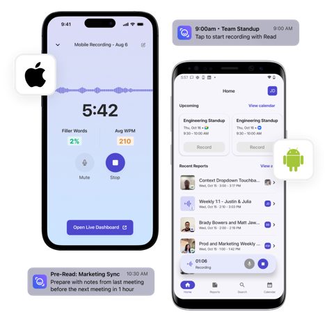 Read AI screenshot: Mobile app recording screens