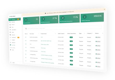 Recurpay screenshot: Merchant subscriptions dashboard