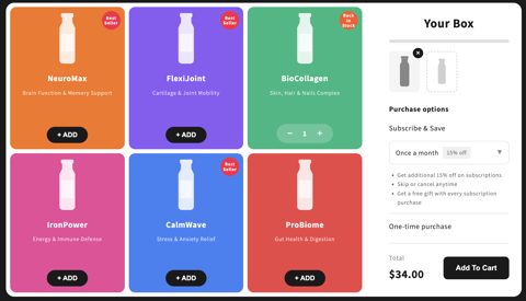 Recurpay screenshot: Build-a-box storefront widget