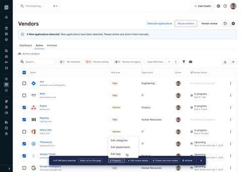 Secureframe screenshot: Vendor management table