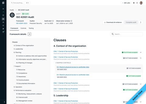 Secureframe screenshot: Audit module with framework clauses