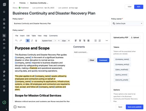 Secureframe screenshot: Policy editor with tokens