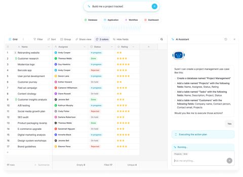 Baserow screenshot: Grid view with AI assistant