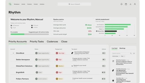 Salesloft screenshot: Rhythm workspace with priority accounts
