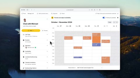 SavvyCal screenshot: Booking link editor with calendar overlay