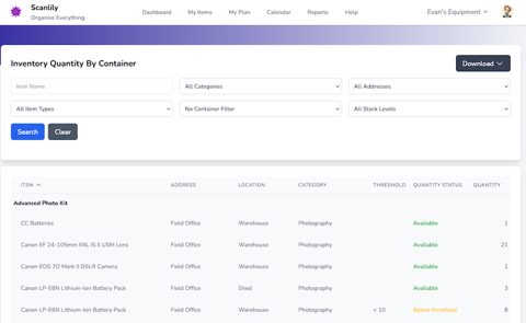 Scanlily screenshot: Inventory quantity by container report