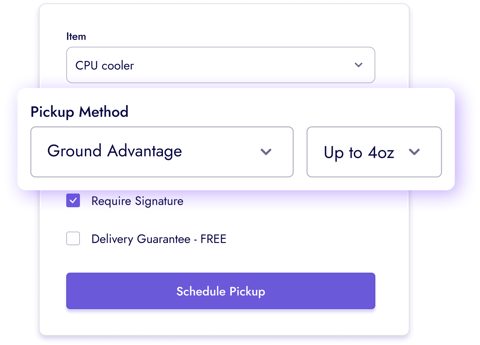 Ship.com screenshot: Schedule pickup with shipping method options