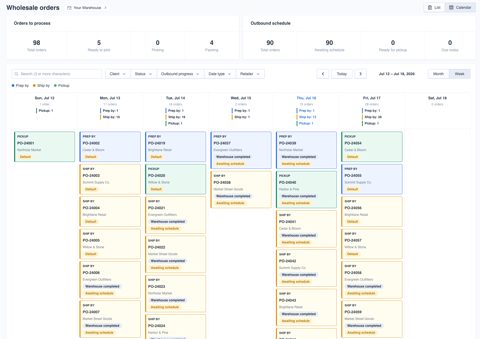 ShipHero screenshot: Wholesale orders calendar view