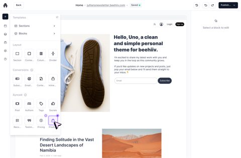 beehiiv screenshot: Website theme builder