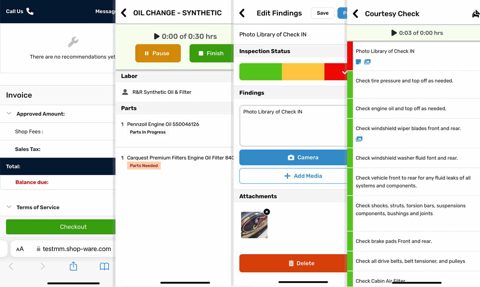 Shop-Ware screenshot: Technician mobile app inspection screens