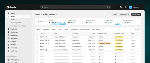 Shopify screenshot: Admin orders list
