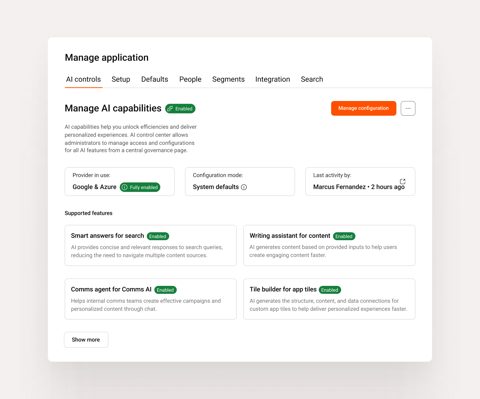 Simpplr screenshot: Manage application AI controls