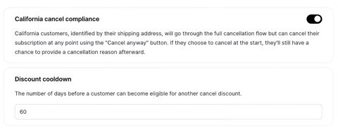 Skio screenshot: Cancel flow compliance settings
