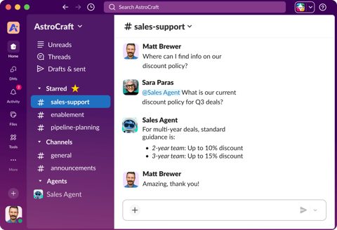 Slack screenshot: Sales support channel with agent