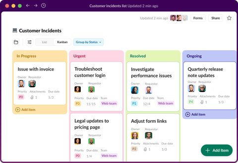 Slack screenshot: Lists board for tracking work