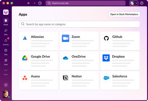 Slack screenshot: App directory in Slack
