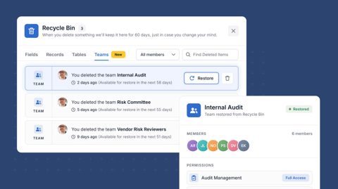 SmartSuite screenshot: Recycle bin with restorable teams