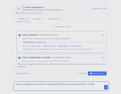 Atlan screenshot: AI suggestions for context metrics