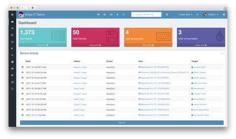 Snipe-IT screenshot: Dashboard with asset counts