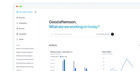 Snowflake screenshot: Snowflake CoWork home with chat and artifacts