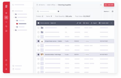 Sortly screenshot: All items table with folders and bulk actions