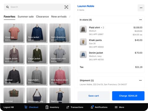 Square for Retail screenshot: Retail checkout with cart and item grid