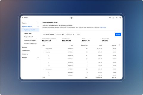 Square for Retail screenshot: Cost of goods sold inventory report