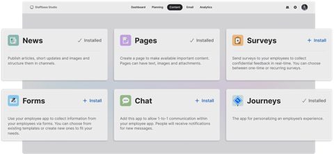 Staffbase screenshot: Studio apps: news, pages, surveys, forms, chat