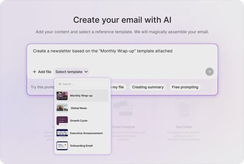 Staffbase screenshot: AI email creation with template picker