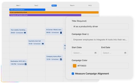 Staffbase screenshot: Content planning calendar with campaign form