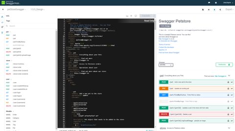 SwaggerHub screenshot: API definition editor with live docs preview