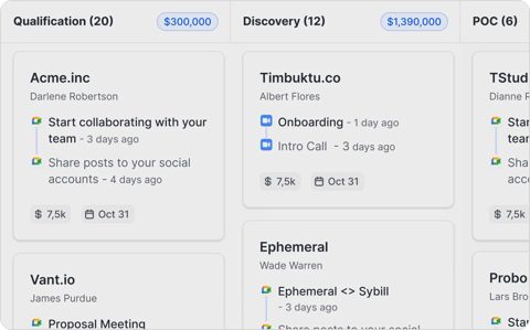 Sybill screenshot: Deal pipeline kanban board
